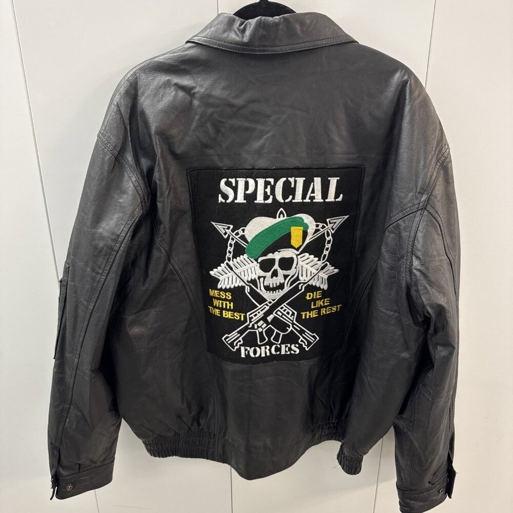 Special‎ Forces Jacket Mens XL Leather Coat Military Patch Skull Green Beret Vtg